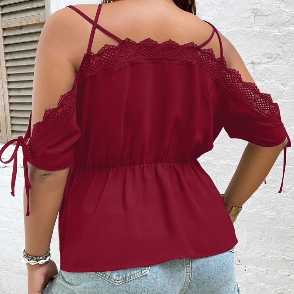 Plus Cold Shoulder Lace Blouse Navy Blue - Picture 11 of 14